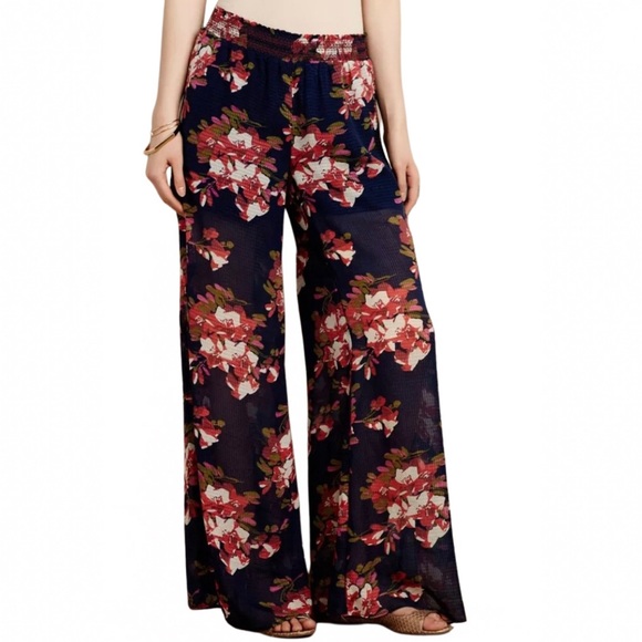 Anthropologie Pants - Anthro Elevenses Fire Lily Wide Legs Pants Sheer in blue with red florals size S